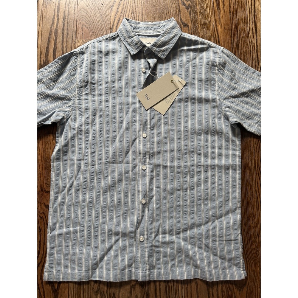 Folk Dobby Stripe Short Sleeve Shirt Mens Small Blue 100% Cotton NWT